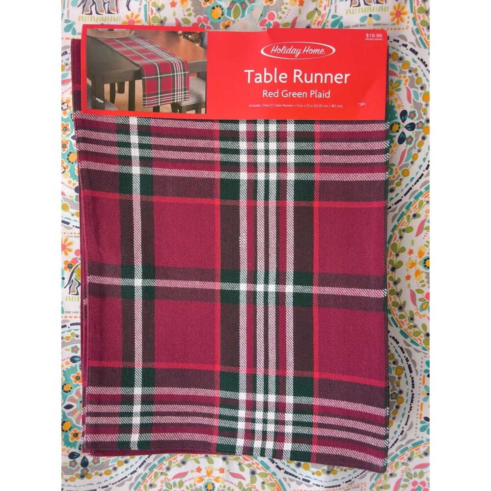 NWT Holiday Home Red Green Plaid Fabric Table Runner 13x72 Grannycore Christmas